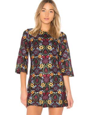 NWOT ALICE+OLIVIA Coley Embroidered Bell Sleeve Mini Dress Black Multi XS $495